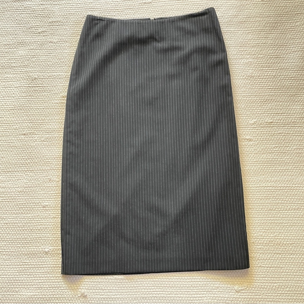 BCBG Maxazria Black Striped Pencil Midi Skirt with Side Slit Zip Size 2